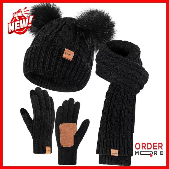 Accessories - Fleece Lined Beanie Scarf Gloves Set Touchscreen Winter Accessories